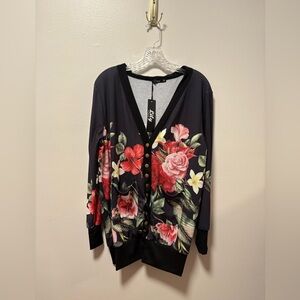 NEW Lily by Firmiana Womens Sz XL Knit Cardigan Snaps Multi Floral 2 Pockets